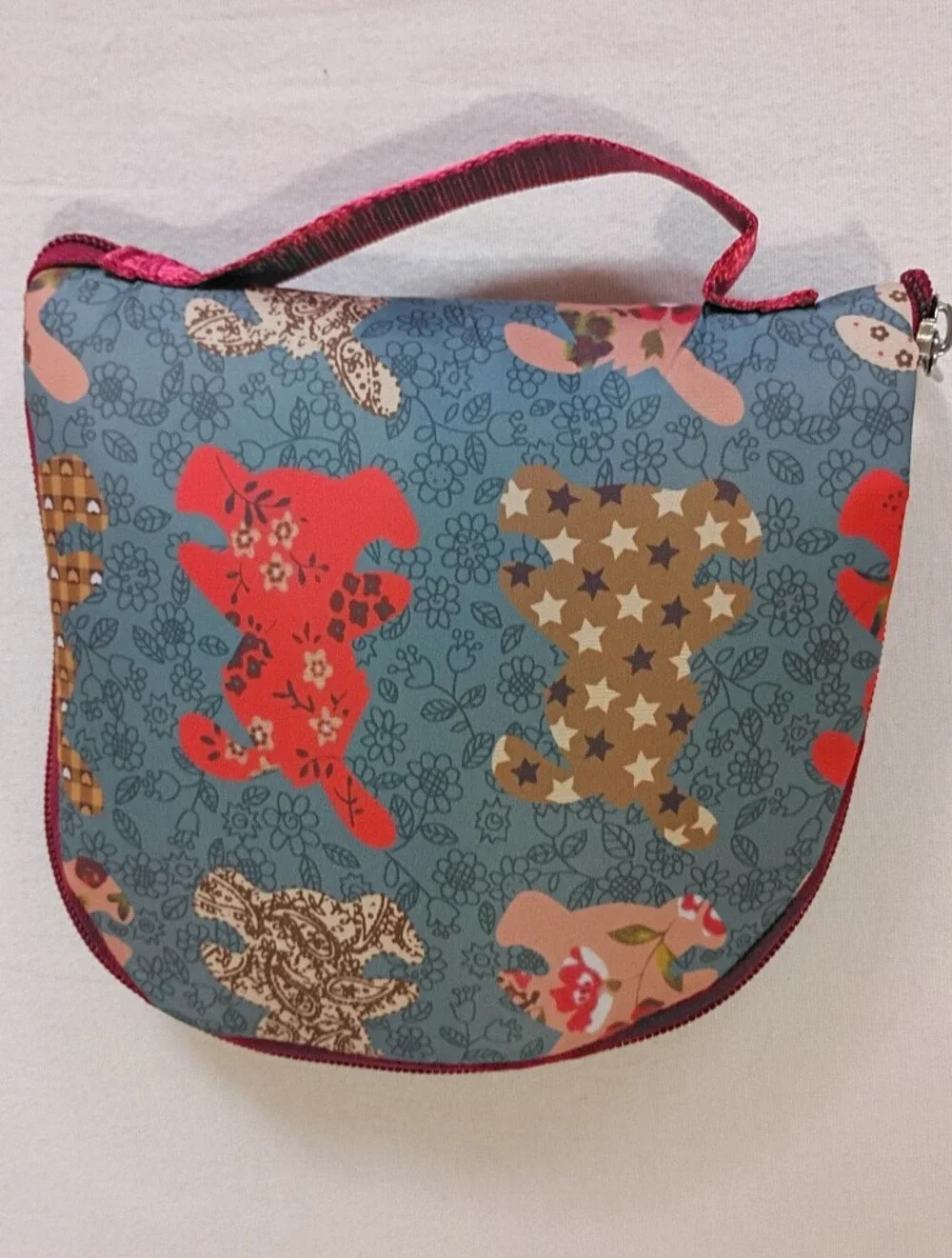 Foldable Drawstring Backpack Floral Bunny Patchwork Pattern Pocket On Front